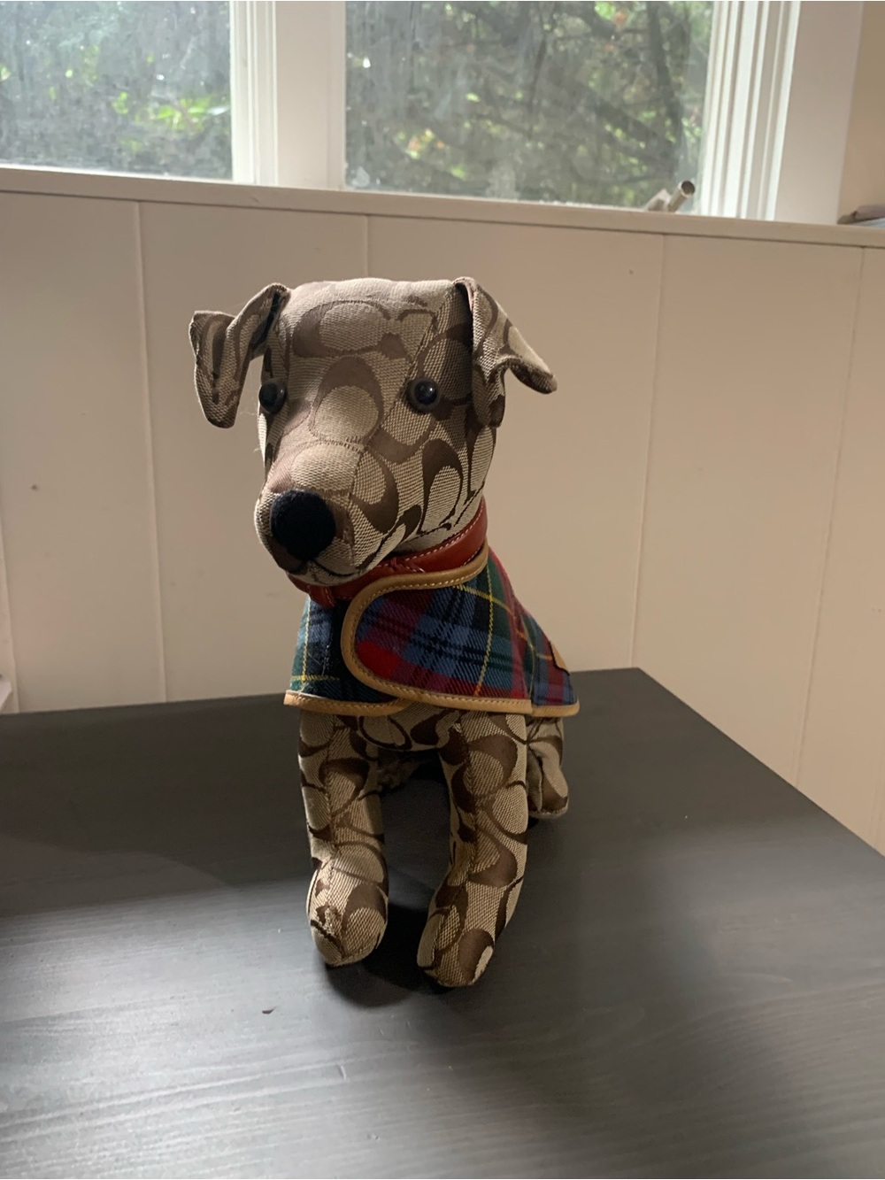 Coach Signature Monogram Dog Figurine with Red & Blue Plaid Coat